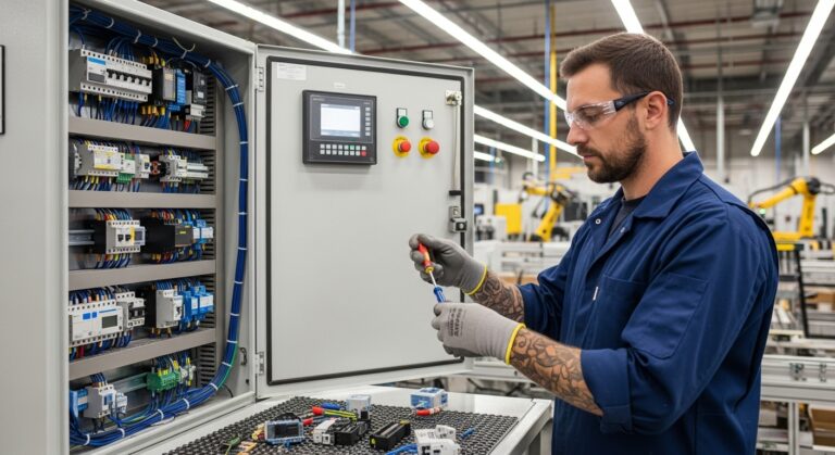 A technician wearing safety glasses and gloves works with tools on electrical components in front of an open control panel inside a brightly lit industrial facility.