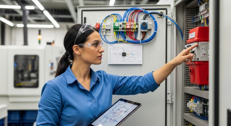A woman wearing safety glasses operates an industrial control panel with various colored wires and devices, holding a tablet displaying technical diagrams in a modern factory setting.