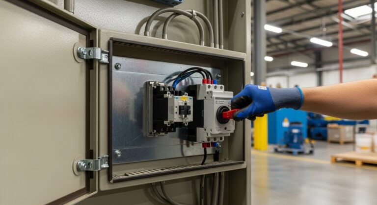 A person wearing a blue glove turns a red switch inside an industrial electrical control panel in a factory setting.